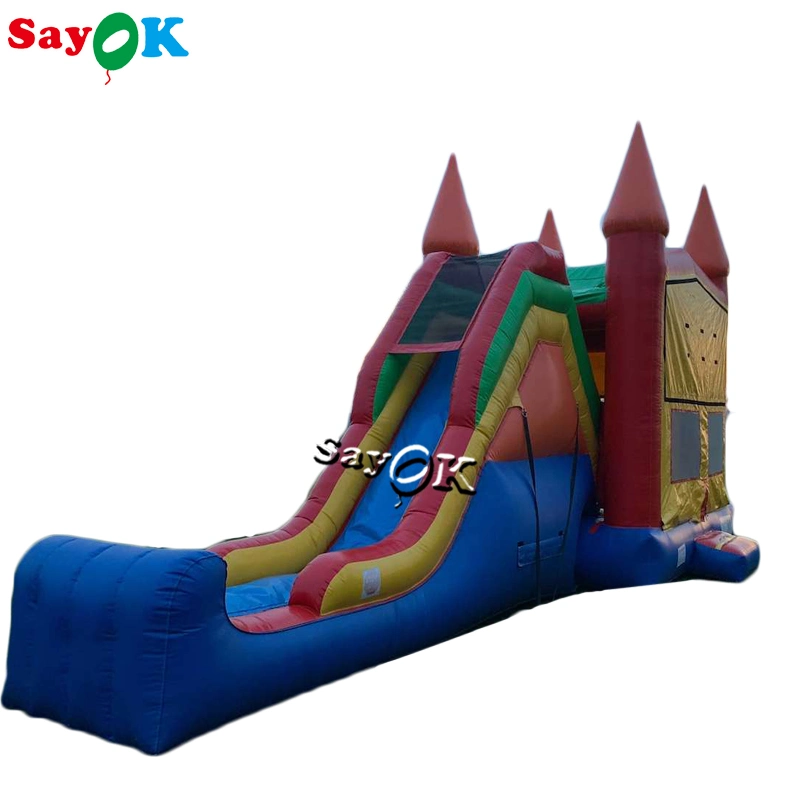 El material nuevo trampolín de inflable con tobogán adecuado para niños juegos de exterior con muy buen precio de 0,55 mm comercial PVC dinosaurio inflable castillo hinchable niños Saltar