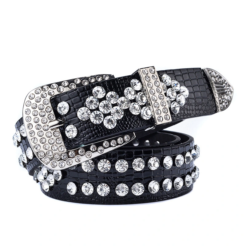 Manufacture Designer Studded Spike Diamond Belt PU Leather Black Belts Punk Cowboy Rhinestone Rivet Belt Men