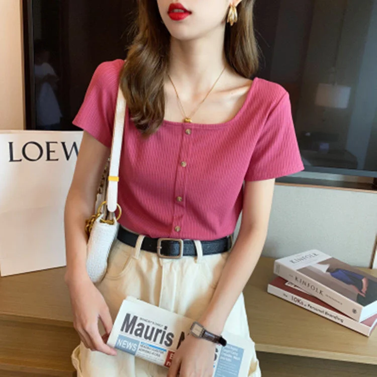 2023 Fashion Women Casual Summer Crop Top Short Sleeve V Neck Tee Button Ribbed Blouse T Shirt