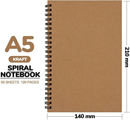 Teskyer Spiral College Ruled Journal Notebook for Work School 120 Pages/60 Sheets Paper Softcover A5 Size for Office School Supplies 2 Pack Kraft B
