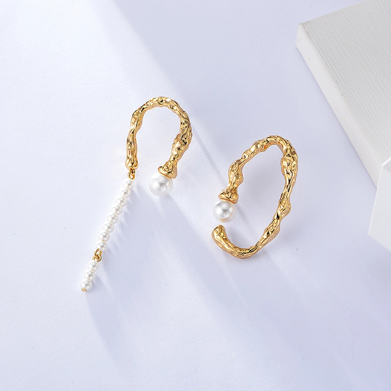 Fashionable Asymmetrical Women Design 18K Gold Plated Stud Long Drop Earring Pearl Hoop