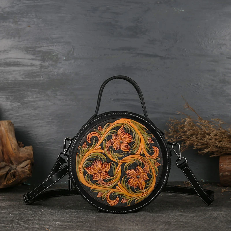 9821 La mode en cuir véritable Crossbody gaufré et de fleurs femelles Retro Vintage grand sac à bandoulière ronde pour les femmes