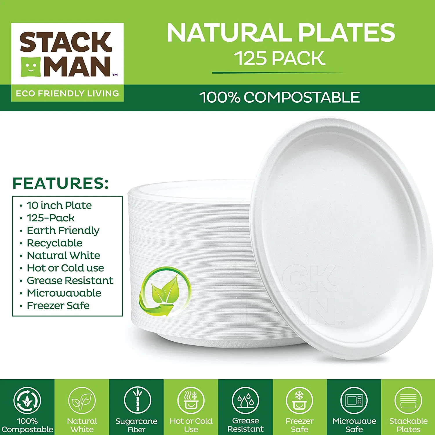 100% Compostable 10 Inch Heavy-Duty Plates [125-Pack]