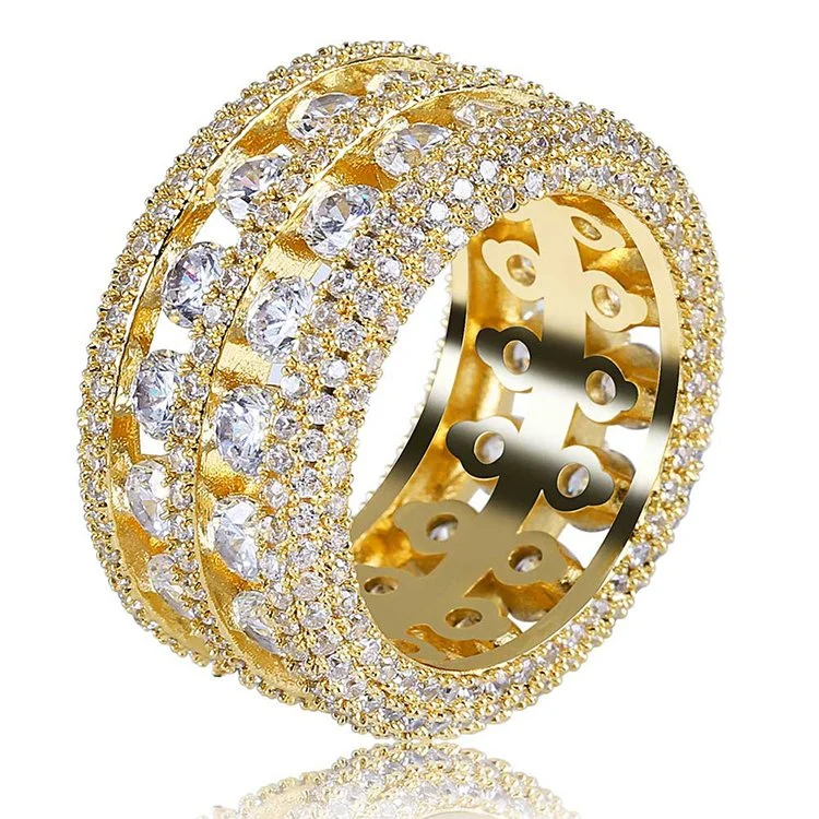 Dos filas Solitaire anillo de hombres Hip Hop Anillos brazo de latón Anillos de acero inoxidable Oro Plata Color cúbico Zircon Joyería picada