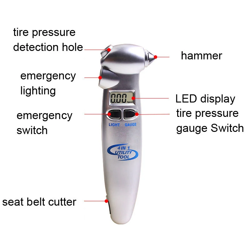 Multifunction Portable Emergency Tool Kit Safety Hammer Steel Car Tire Pressure Gauge