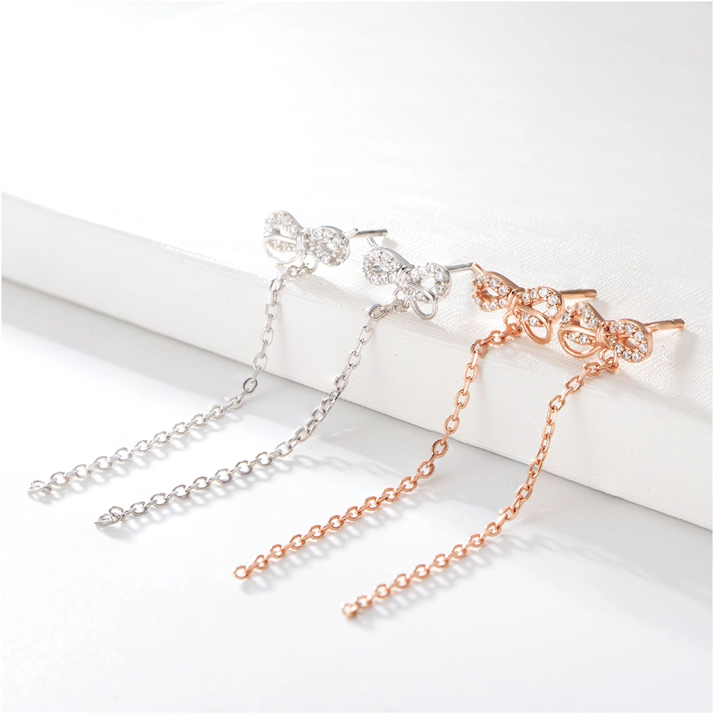 Fashion S925 Silver Link Chain Dangle Tassel Bowknot pendiente Accesorios de joyería