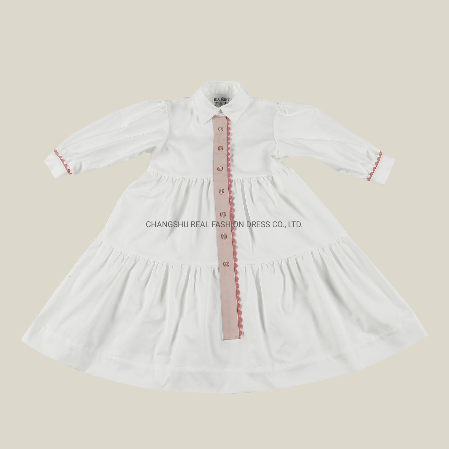 Kids Clothes Girl Children White Woven Dress Wear with Pink Rose Decorative Tape