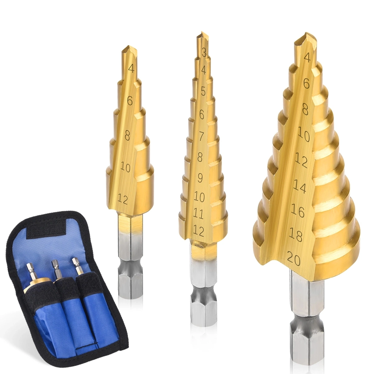 3p/Set 3-12mm 4-12mm 4-20mm HSS Straight Groove Step Drill Titanium Coated Wood Metal Hole Cutter Core Drilling Tools Set