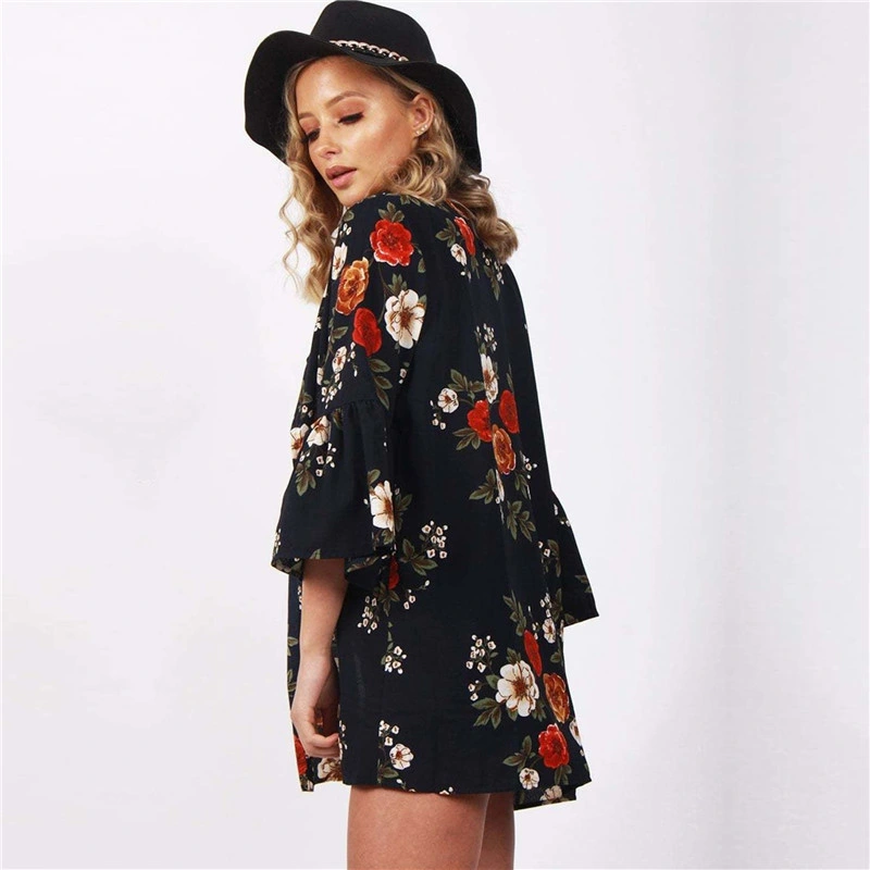 Customized Promotional Wholesale/Supplier New Design New Trend Printed Flower Bud Three Quarter Sleeve Coat Shirt for Women