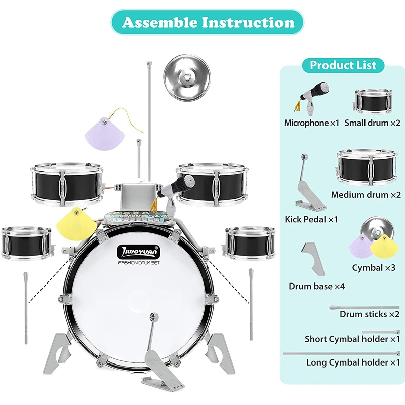 Kids Educational Musical Instrument Kit Gifts Toy Jazz Drum with Light Sound Compatible Mobile Phone/Computer/MP3 Musical Playset Microphone