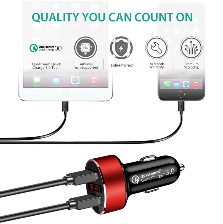 Identification intelligente QC3.0+2.4un écran LED numérique double chargeur de voiture USB