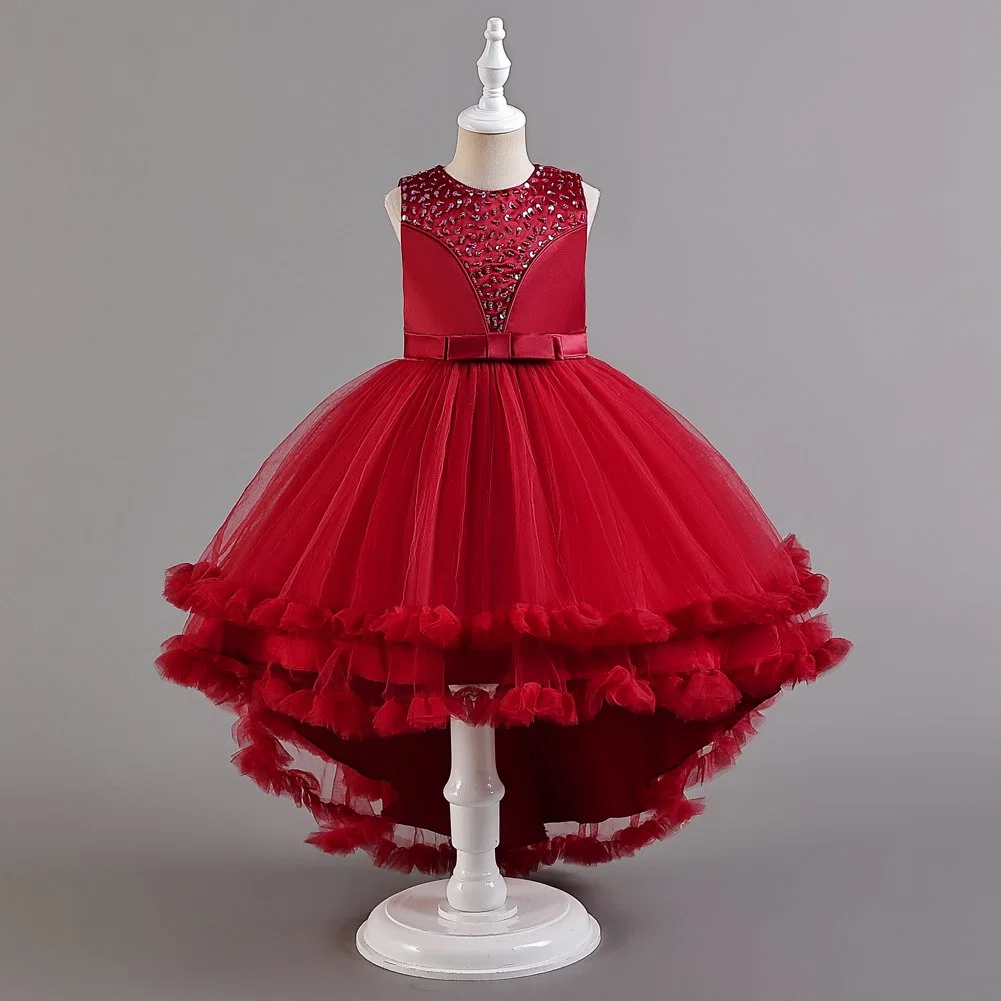 European Style Banquet Evening Dress for Girls of 10 Year Old Red Sequin Children Birthday Party Dress Tail Girl Wedding Dress