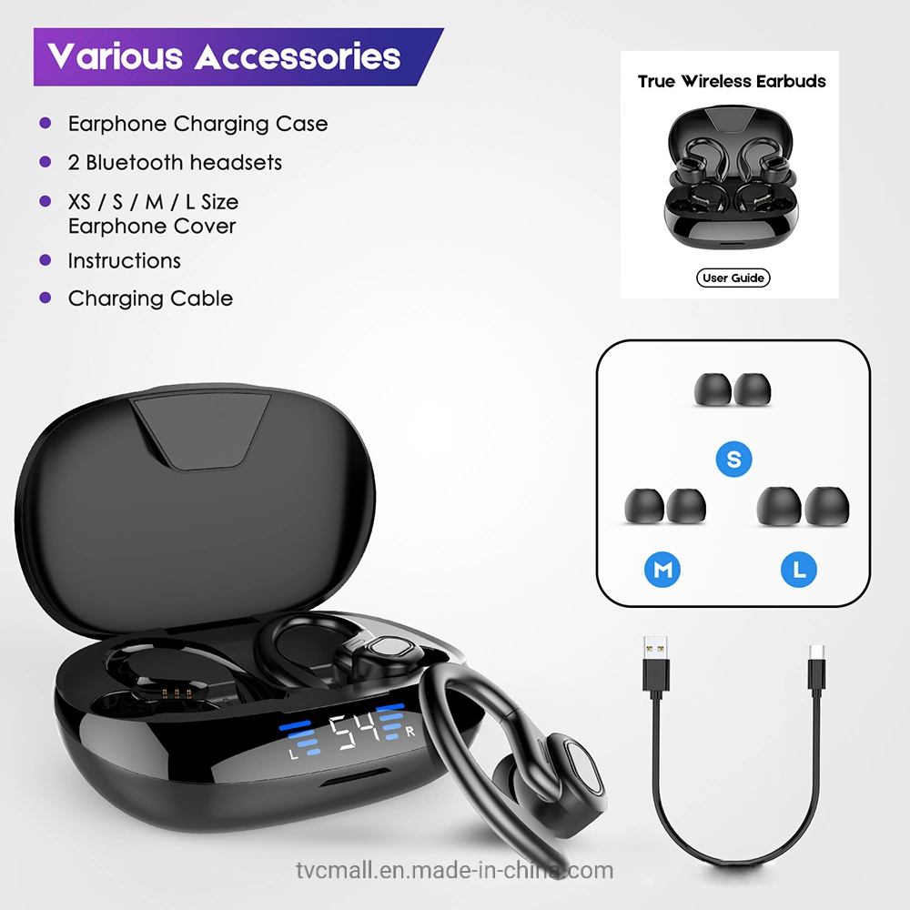 VV2 Tws Wireless Earphones with Microphone Ear Hook HiFi Stereo Sports Headphones with LED Display - Black