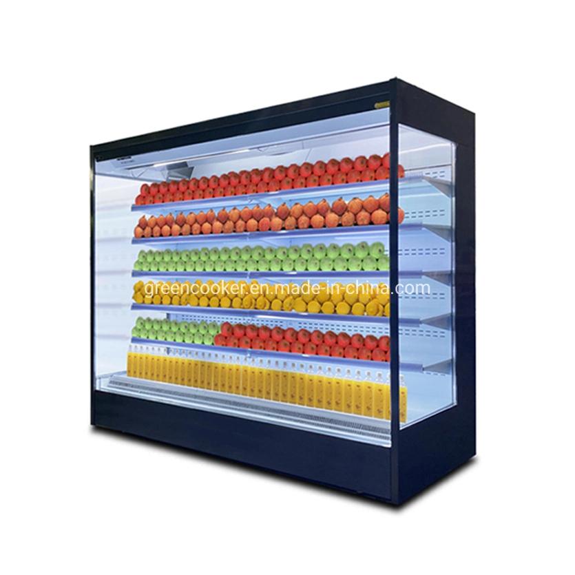 Exhibición de Frutas y Verduras en Supermercado Industrial con Refrigerador Abierto de Múltiples Niveles