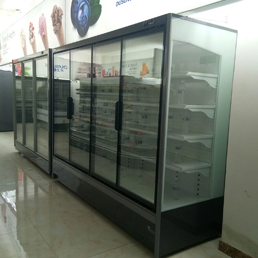 Gran pantalla refrigeradores comerciales puerta de cristal de frío para supermercado