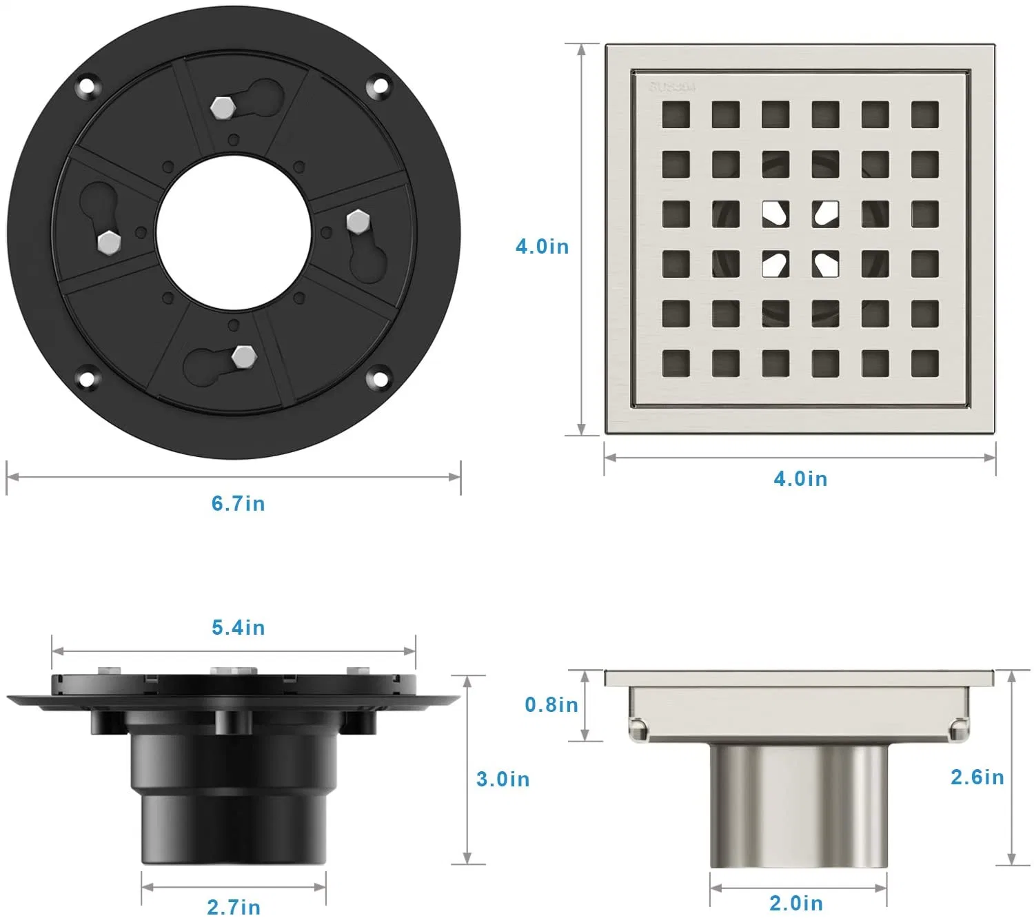 SUS304 desagüe cuadrado de acero inoxidable para el suelo de la ducha con encastre de azulejos Filtro de cubierta de la Grate invisible - filtro de baño cepillado