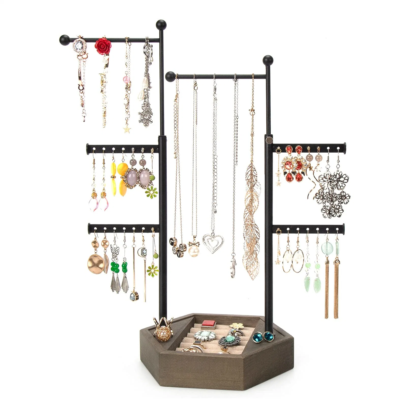 Jewelry Organizer Stand - 6 Tier Jewelry Holder with Adjustable Height Necklace Holder Organizer Display & Storage for Earrings Ring Bracelet (White Pole)