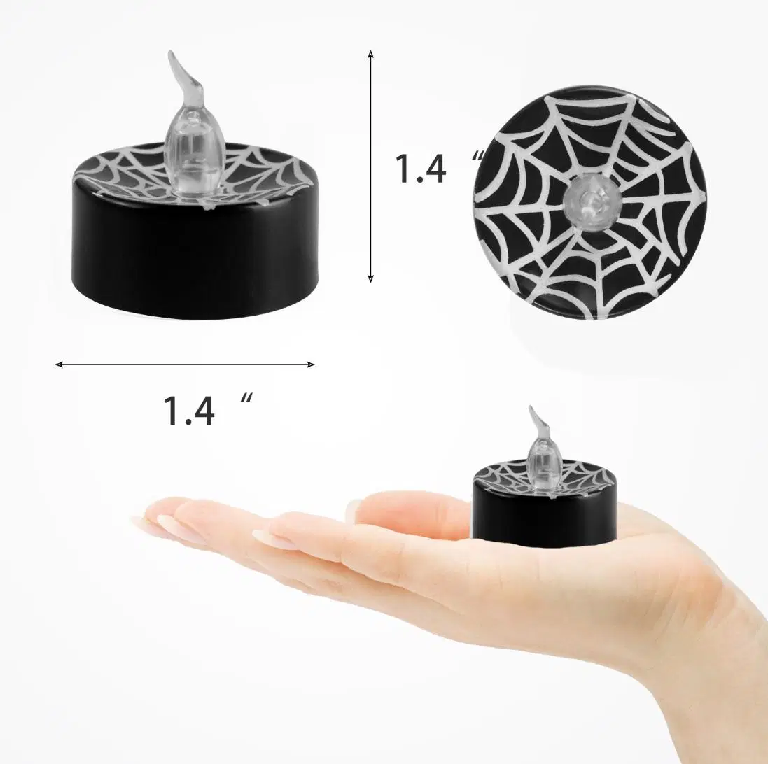 Black Shell Tea Lights Candle Spider Web Pattern Warm White Flashing for Halloween Decoration