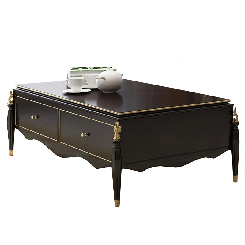 High-End American Light Luxury Living Room Furniture Complete Carved Solid Wood Golden Painted Black Coffee Table