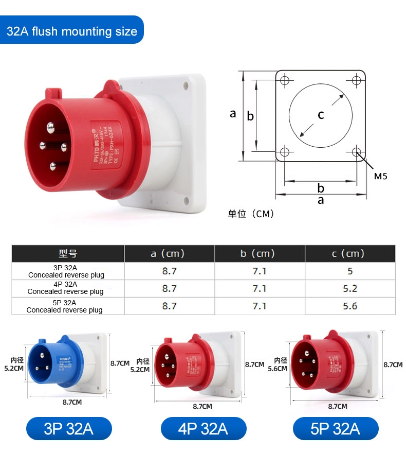 Aviation Industry Plug and Socket Three-Phase Electric 380V IP44 16A 4hole Plug