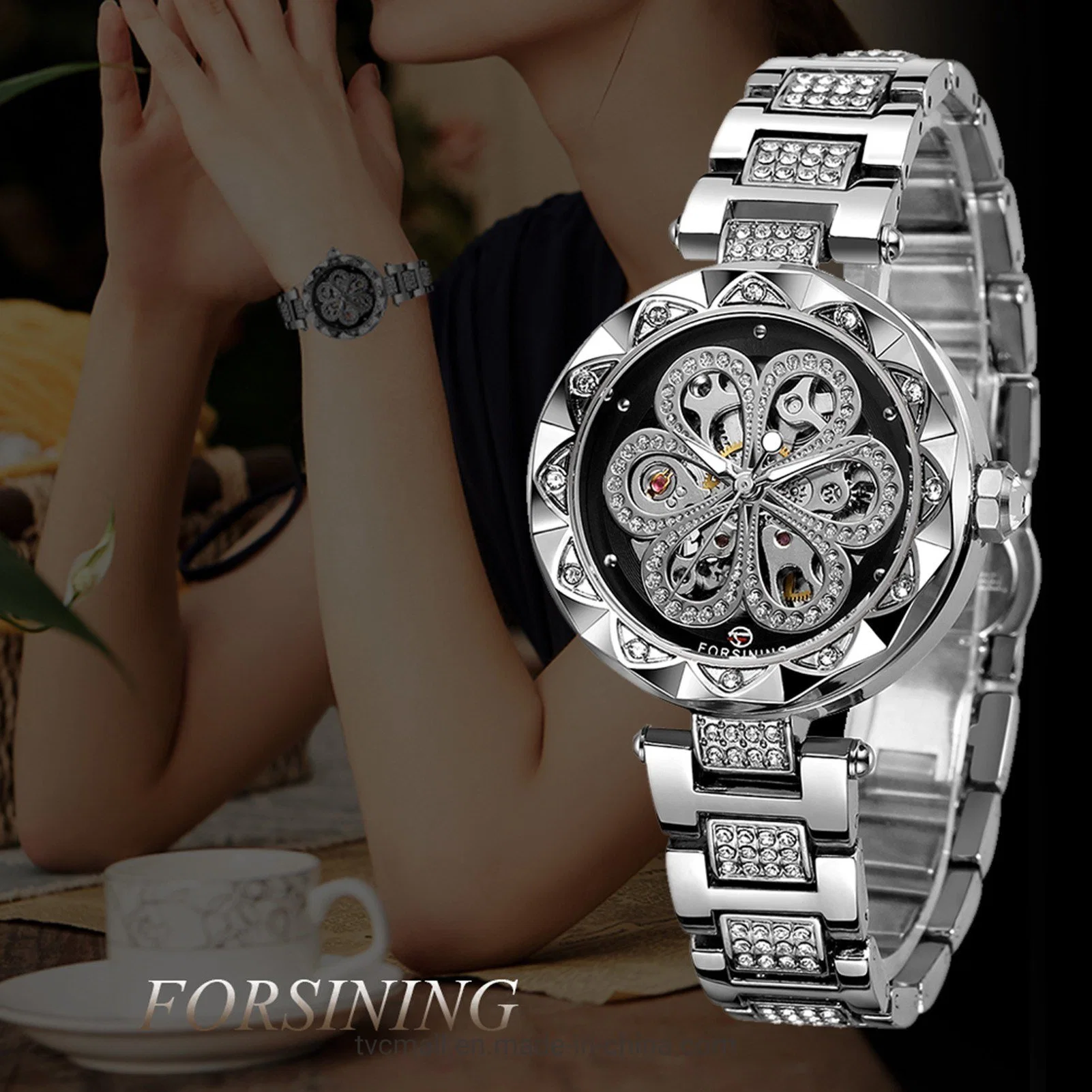 Reloj de mujeres Forsining Relojes mecánicos automáticos con correa de acero inoxidable Classic Hollow Diseño luminoso Display Wristwatch de moda - Negro / Plata