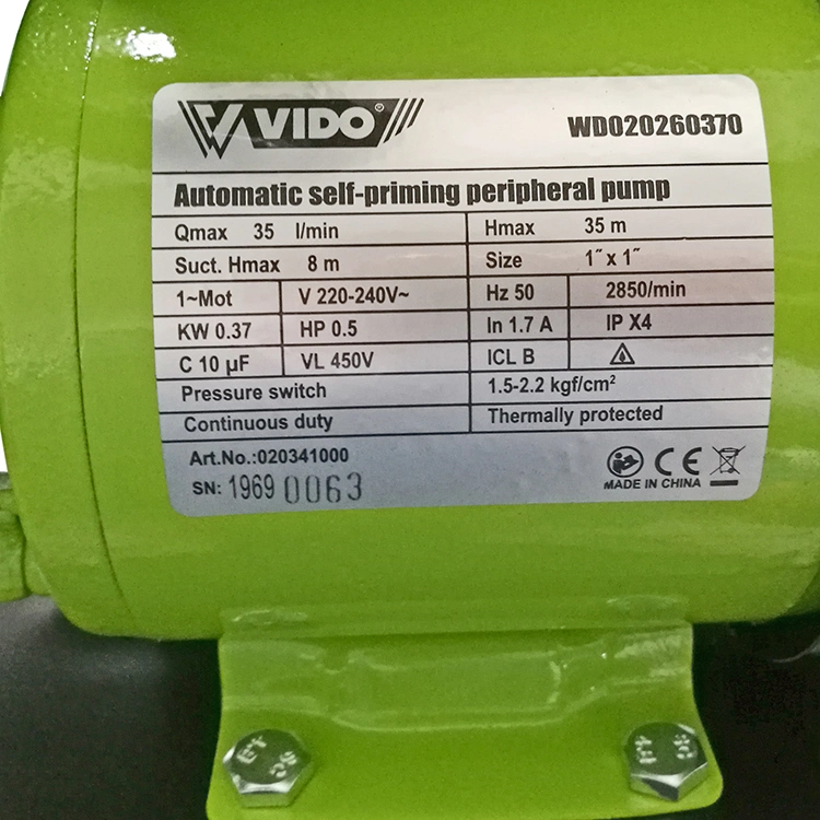 Vido Power Pumps Products 370W 0.5HP Self-Priming Peripheral Electric Water Pompa Self Priming Booster Pump