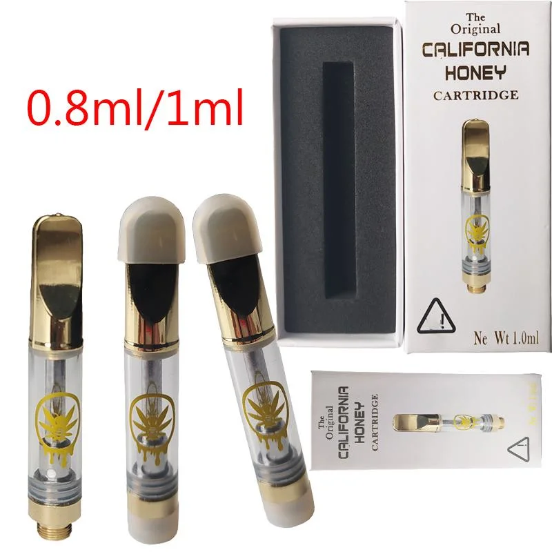 California Honey Cartridges 1ml Vape Carts Batterie Zerstäuber Kupfer Tops Einweg-Papeln Gold Dick Distillate Öl Cookies 510 Faden Carts Verpackung Von Ecigs