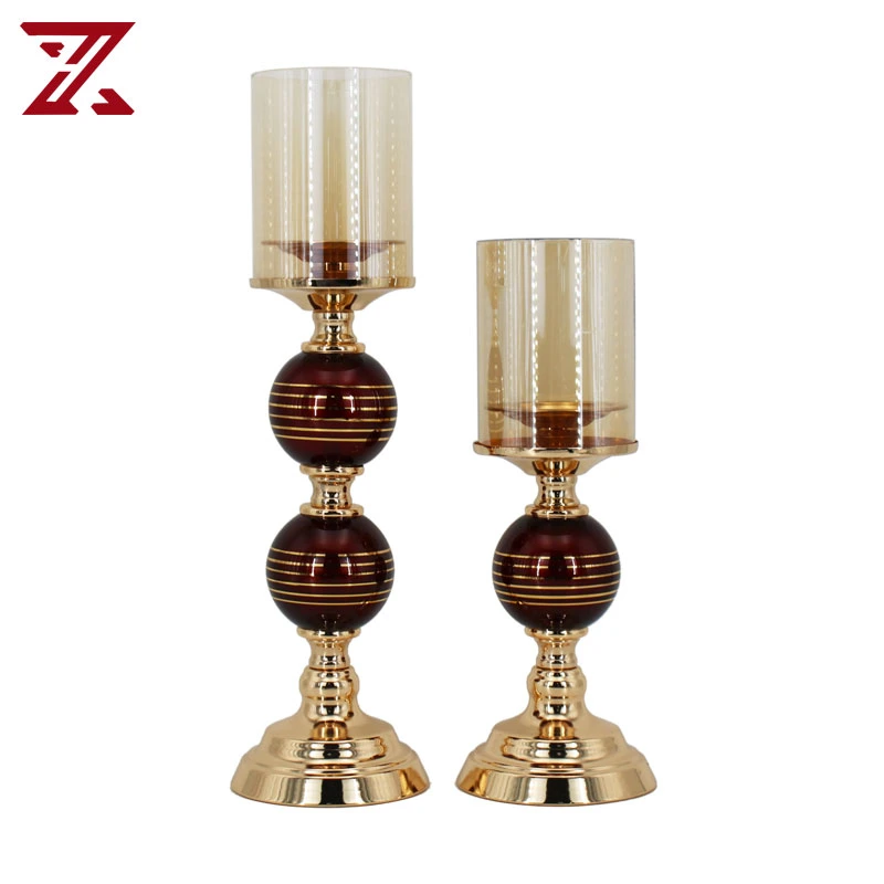 Wholesale Gold & Red Metal Candle Stand Set of 2 with Glass Chimney Metal Decorative Pillar Candle Holder