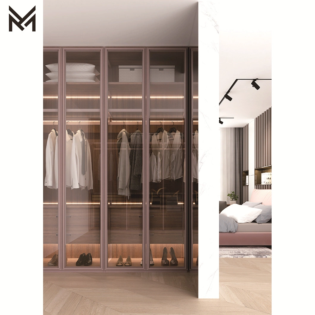 Custom Modern Gehärtetem Glas Tür Schlafzimmer Schrank Villa Hotel Schlafzimmer Möbel Luxus begehbarem Kleiderschrank mit Schuhregal