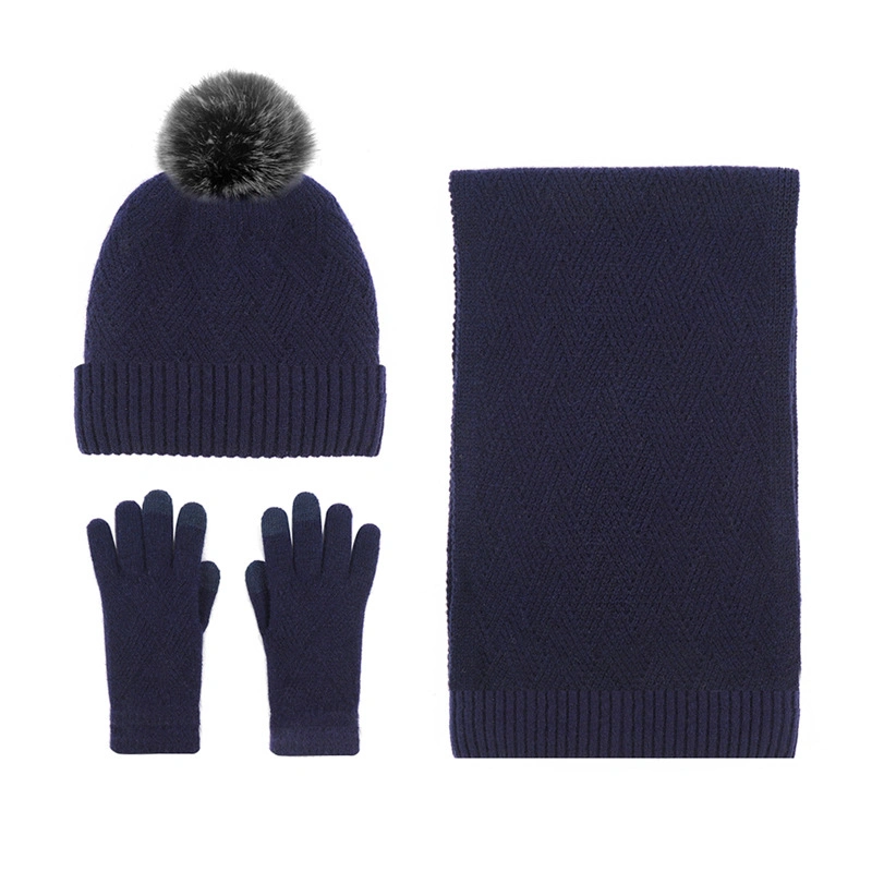 Winter New Grey Women Wool Kint Hat Scarf Snd Gloves Three Sets