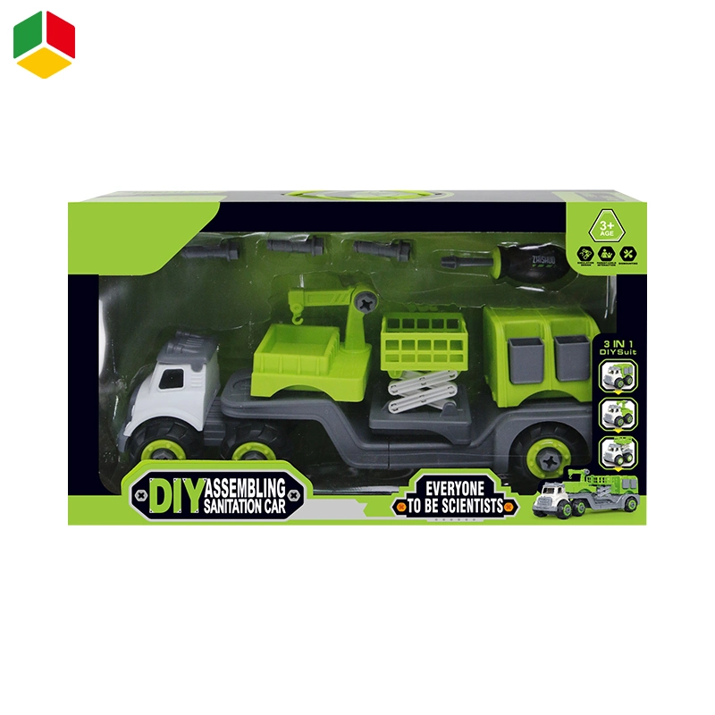 QS Popular New Design Children Wholesale/Supplier Kids Simulation Assembly Car Toy DIY Plastic 3 in 1 Combination Sanitation Vehicle Car Set Toys