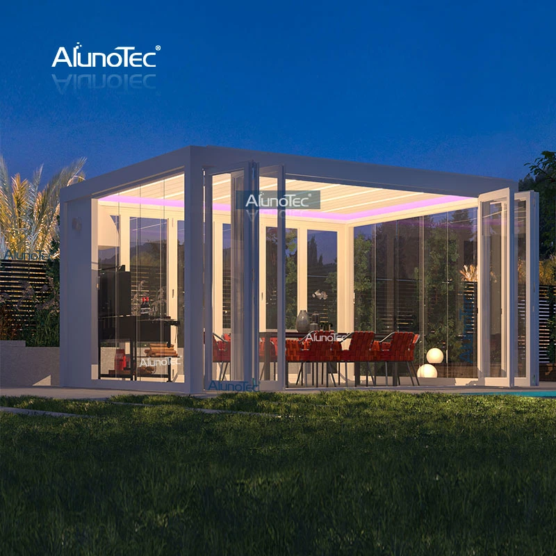 AlunoTec aluminio pergola pergola 4x4 Motorized Patio ajustable Gazebo absorber UV Struxure Canopies de playa al aire libre