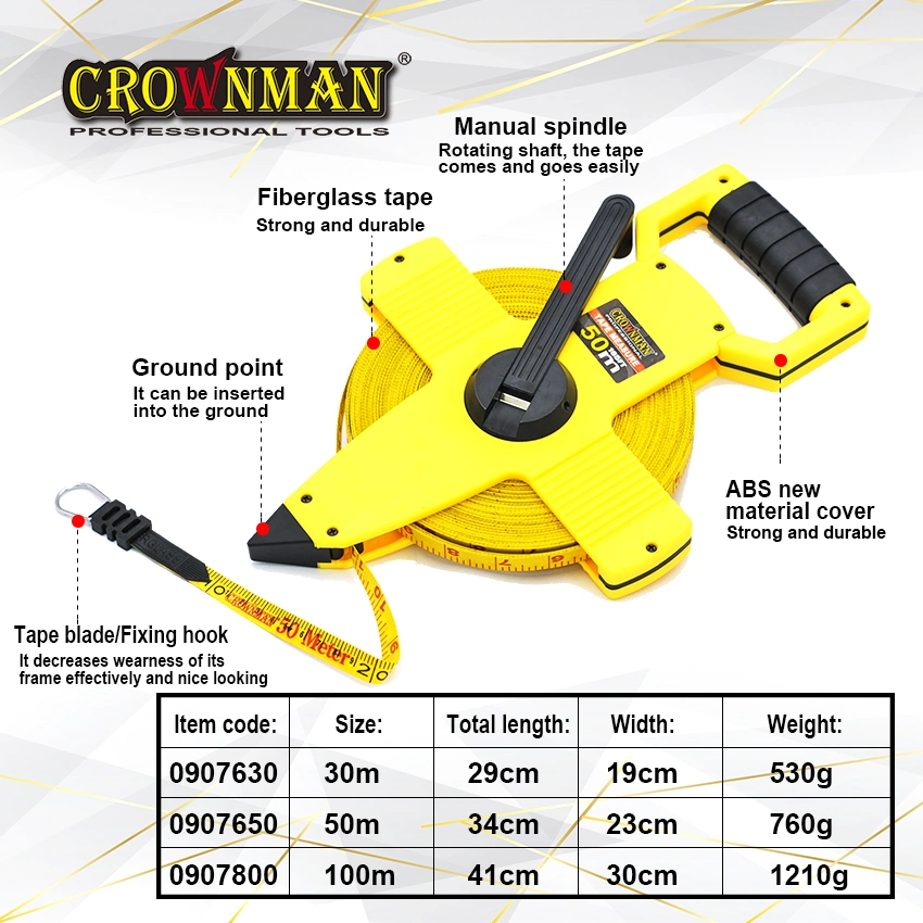 Mètre à ruban en fibre de verre Crownman avec matériau ABS+TPR pour mesure