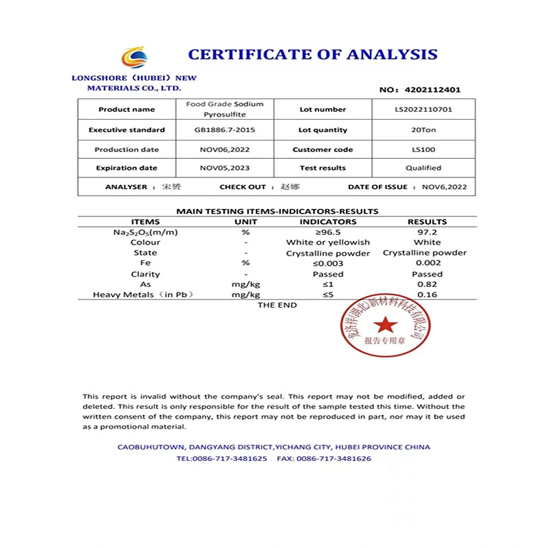 Technical Grade Sodium Metabisulfite Sodium Metabisulfite for Water Treatment Made in China