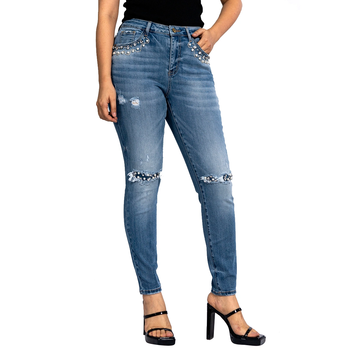 Biselado Appliqued azul Ripped jeans ajustados para la Mujer