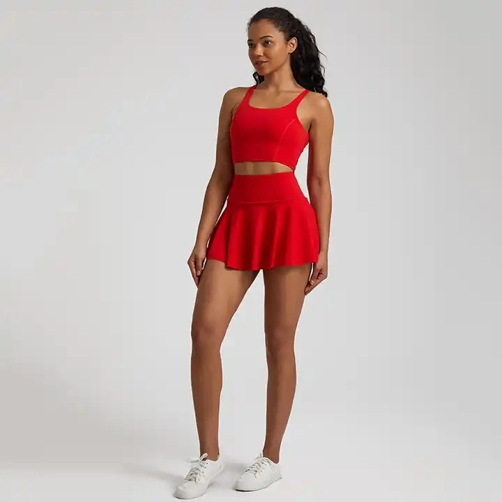 Seamless 2 Pieces Tennis Outfit Crop Top Quick Dry Golf Skirt Sport Sets Fitness Yoga Wear Women