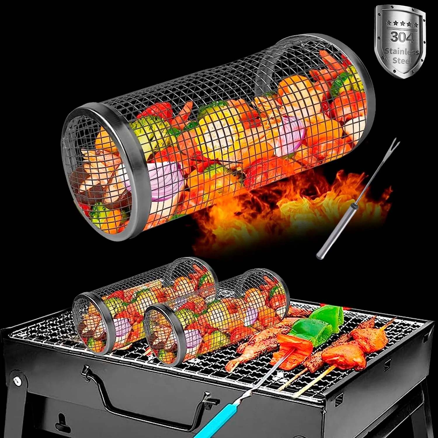 Camping al aire libre Barbacoa Red Rolling Grilling Basket Round-Rack Acero inoxidable Malla para barbacoa