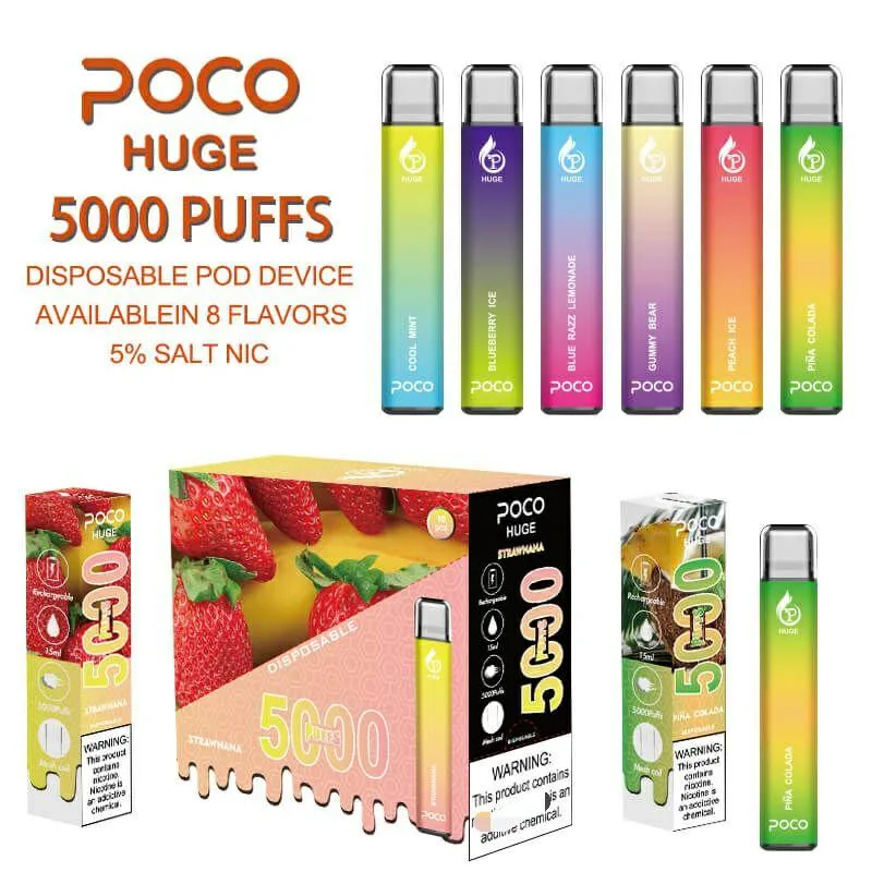 Original 5000 Puffs Cigarette Poco Huge Disposable/Chargeable Vape Pen EU Spain Warehouse Electronic Cigarette Mesh Coil Rechargeable 15ml Device Newest Vapor