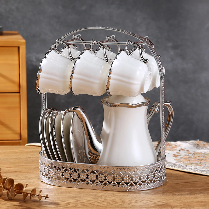 Großhandel Heiß Verkaufen Arabisch Stil Einfachen Luxus Weißen Goldenen Silber Keramik Tee-Set 14PCS Kaffee-Set mit Metallhalter