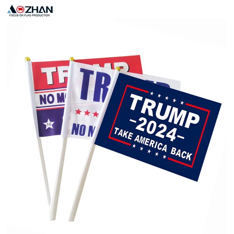 Trump Flag Promotional Custom Logo Printed PE Hand Flag with Wooden Pole