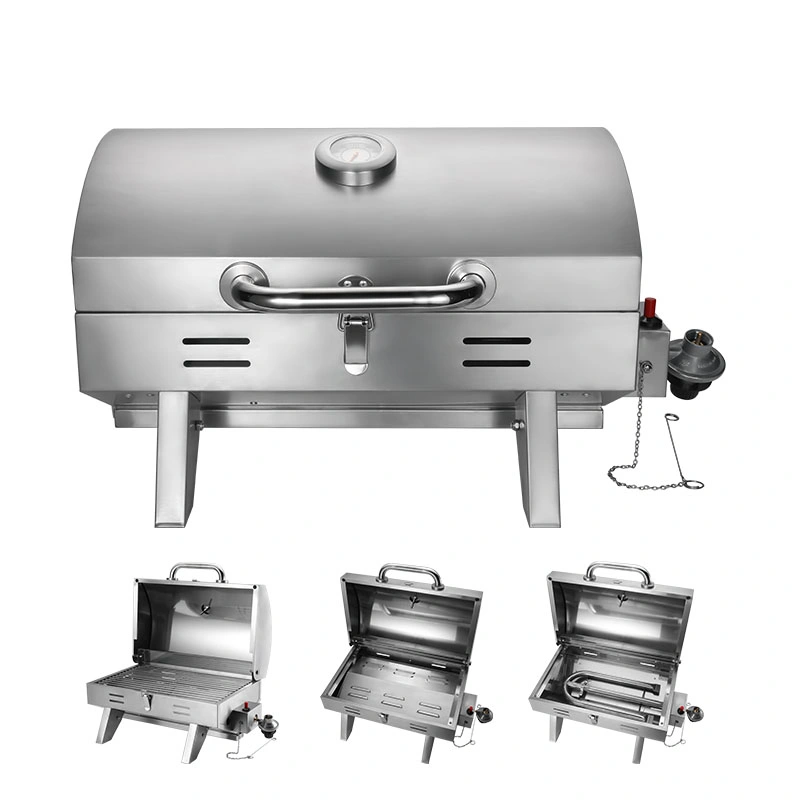 Nuevo diseño de parrilla de gas con tapa de la cocina de estilo moderno de campamento de patio exterior de la Herramienta de acero inoxidable de mesa Barbacoa Grill de Gas