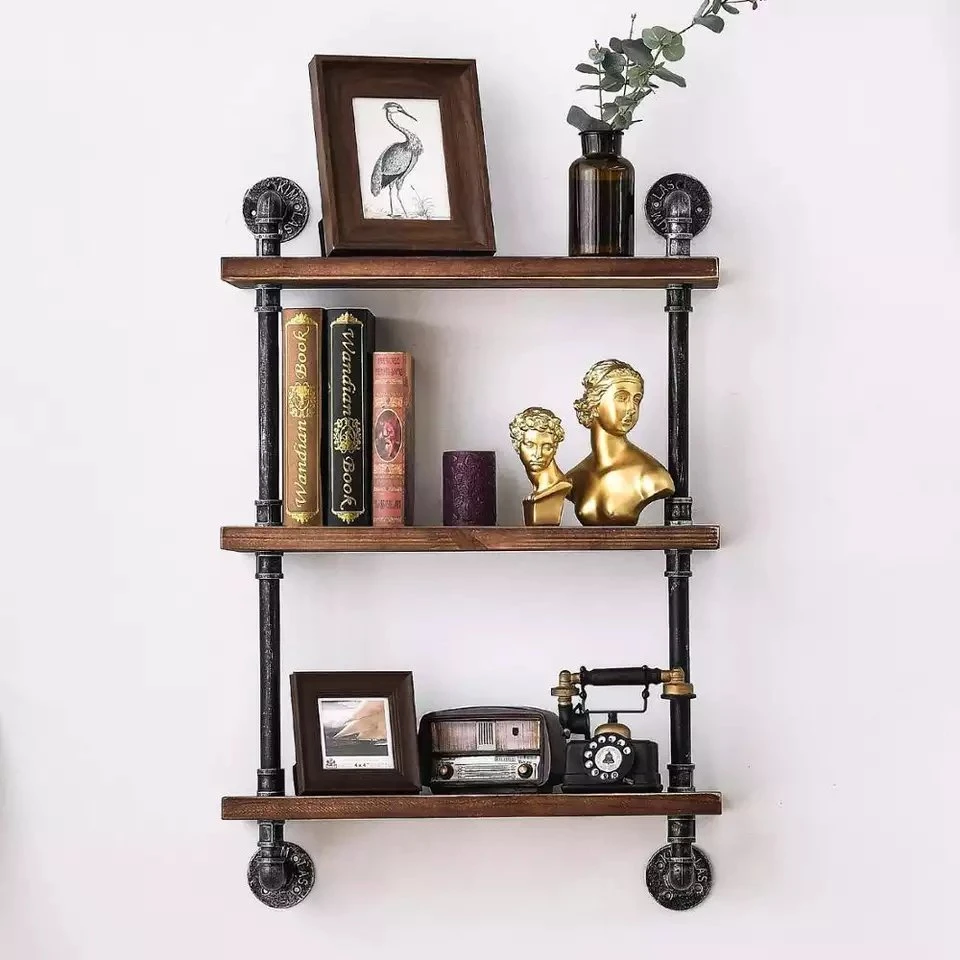 3-Shelf Pipe Furniture Metal Steel Iron Modern Industrial Bookcase Bookshelf Wall Mounted Kids Wooden Book Shelf