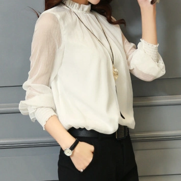 Wholesale Summer Korean Blouse Stand Neck Plain Long Sleeve Elegant Women's Blouses