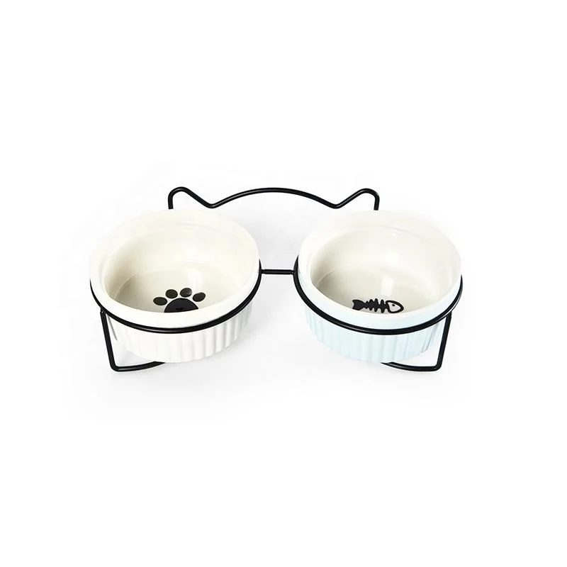 Cute Double Pet Water Food Bowl Iron Elevated Ceramic Pet Cat Dog Feeding Bowl