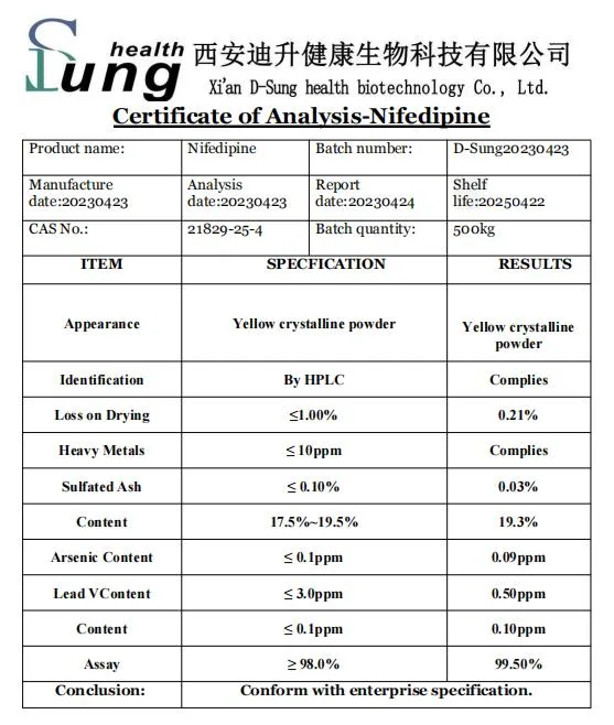 Purity CAS 21829-25-4 Nifedipine Pharmaceutical Grade Nifedipine API Powder Nifedipine