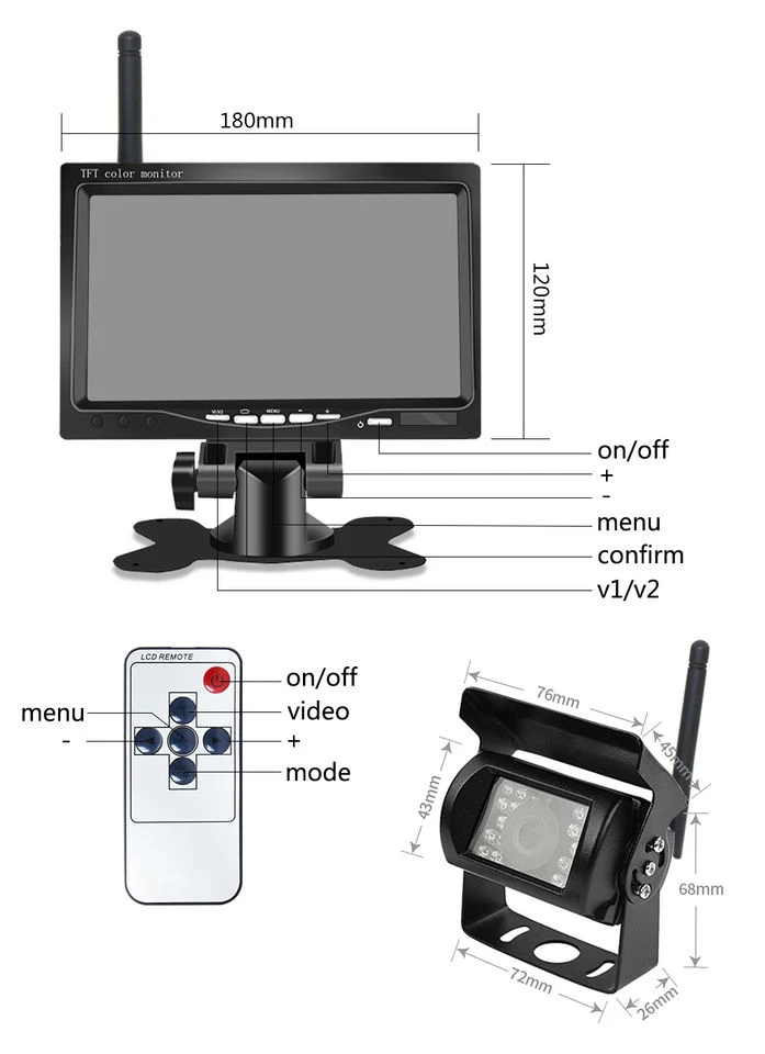 Wireless Digital Flip Mirror Front Rear Side View Camera 7inch Auto Reverse Camera with Monitor System