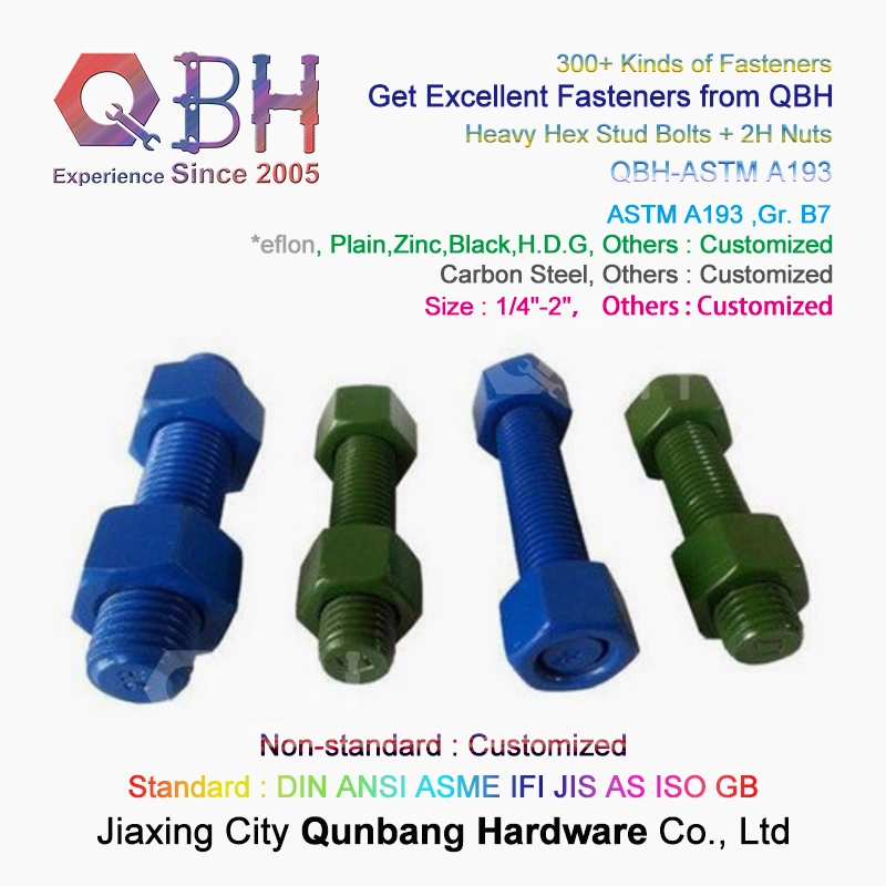Qbh Customized PTFE Colored Surface Treatment Carbon Steel ASTM A193 B7 Rod + Double A194 2h Nuts Combo Stud Bolt