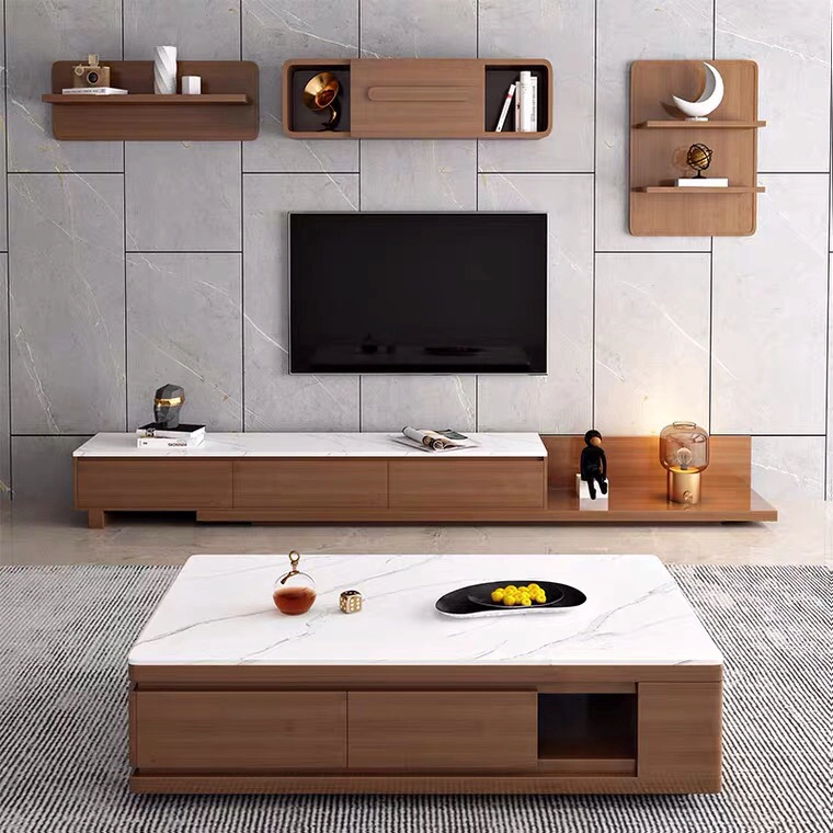 European Style Customized Mealamine Board Hotel Home Living Room Dining Furniture Wooden TV Stand with Shelf