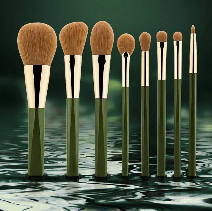 New Style 8PCS Makeup Brush Green Color Cosmetic Bag Brush Suit Wooden Handle Tube Wool Makeup Beauty Tool