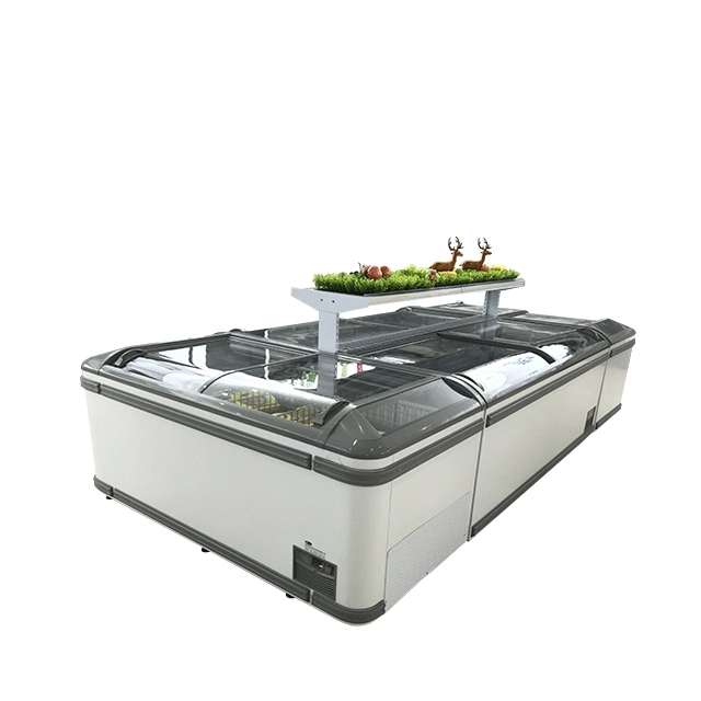 Supermarket Sliding Glass Top Island Freezer Finishing Fridge Seafood Display